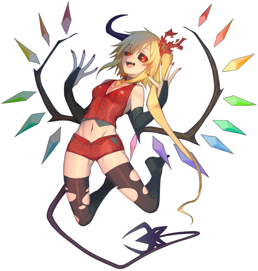 1girl absurdres adapted_costume alternate_costume arched_back black_gloves black_legwear black_sclera blonde_hair breasts cleavage crystal detached_collar elbow_gloves fangs flandre_scarlet full_body gloves hair_ribbon hat hat_ribbon highres keemoringo laevatein leaning_back looking_at_viewer midriff mob_cap nail_polish navel open_mouth red_eyes ribbon shirt short_shorts shorts side_ponytail simple_background sleeveless smile solo thigh-highs torn_clothes torn_thighhighs touhou unbuttoned vest white_background wings