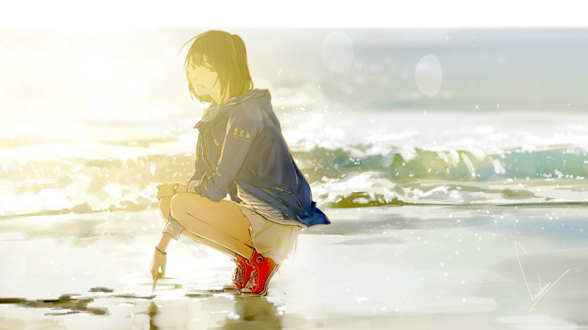 1girl beach brown_eyes brown_hair commentary converse earrings highres jacket jewelry light_particles loundraw original short_hair skirt solo squatting watch