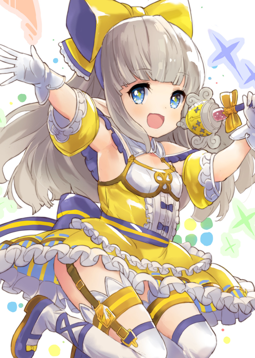 1girl blue_eyes blush bow child dress garter_straps gloves granblue_fantasy hair_bow highres jumping lilulu long_hair looking_at_viewer open_mouth pointy_ears silver_hair simple_background smile solo sparkle tetsujin_momoko thigh-highs white_background white_gloves white_legwear