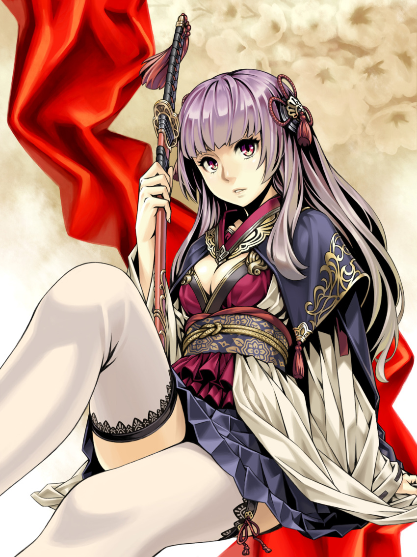 1girl absurdres breasts cleavage hair_ornament highres holding holding_sword holding_weapon kame_(pixiv) long_hair original pink_eyes purple_hair sheath sheathed sitting skirt solo sword thigh-highs weapon white_legwear