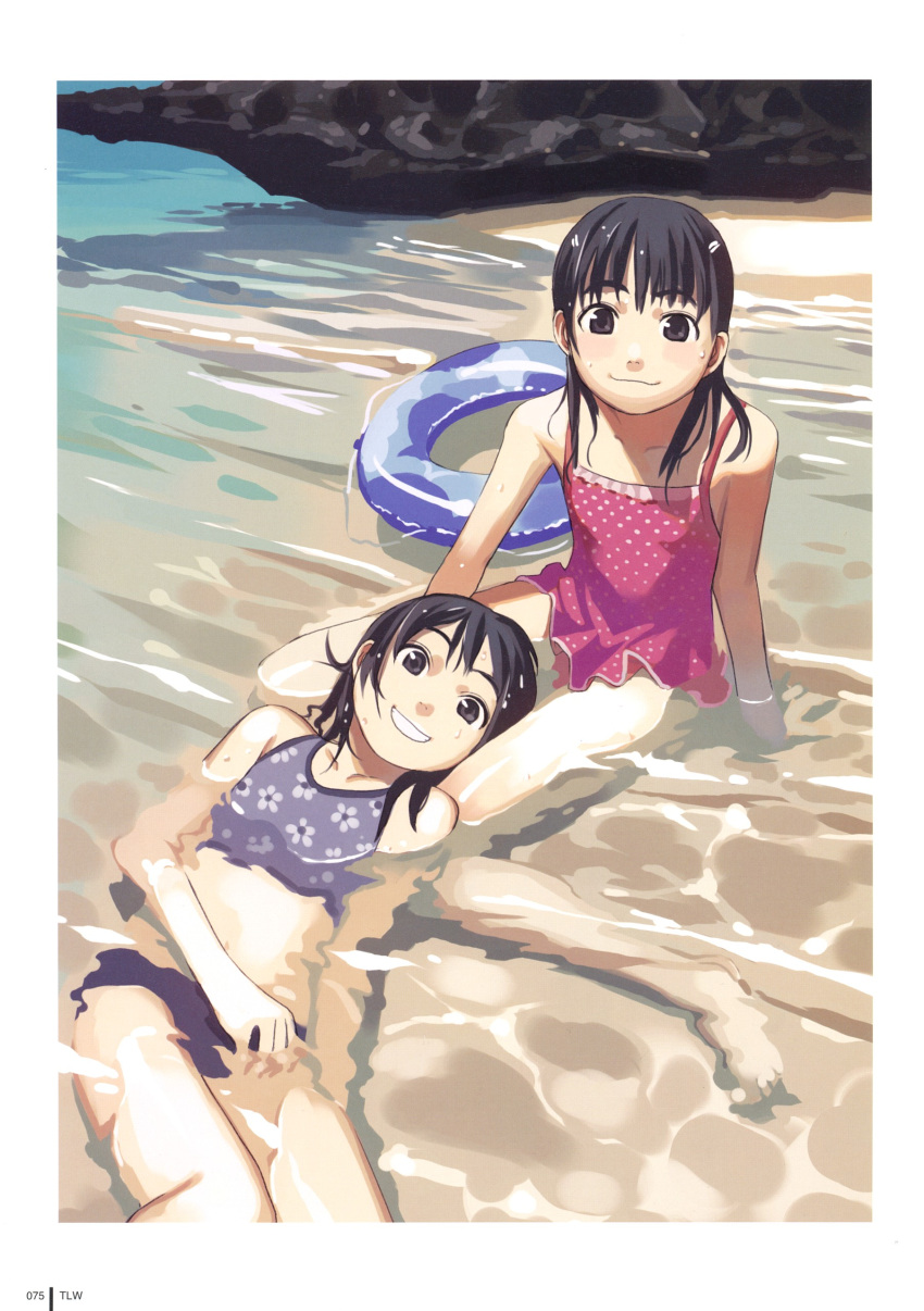 :3 absurdres barefoot beach bikini black_eyes black_hair child comic_lo highres innertube multiple_girls polka_dot polka_dot_swimsuit refraction smile swimsuit takamichi water