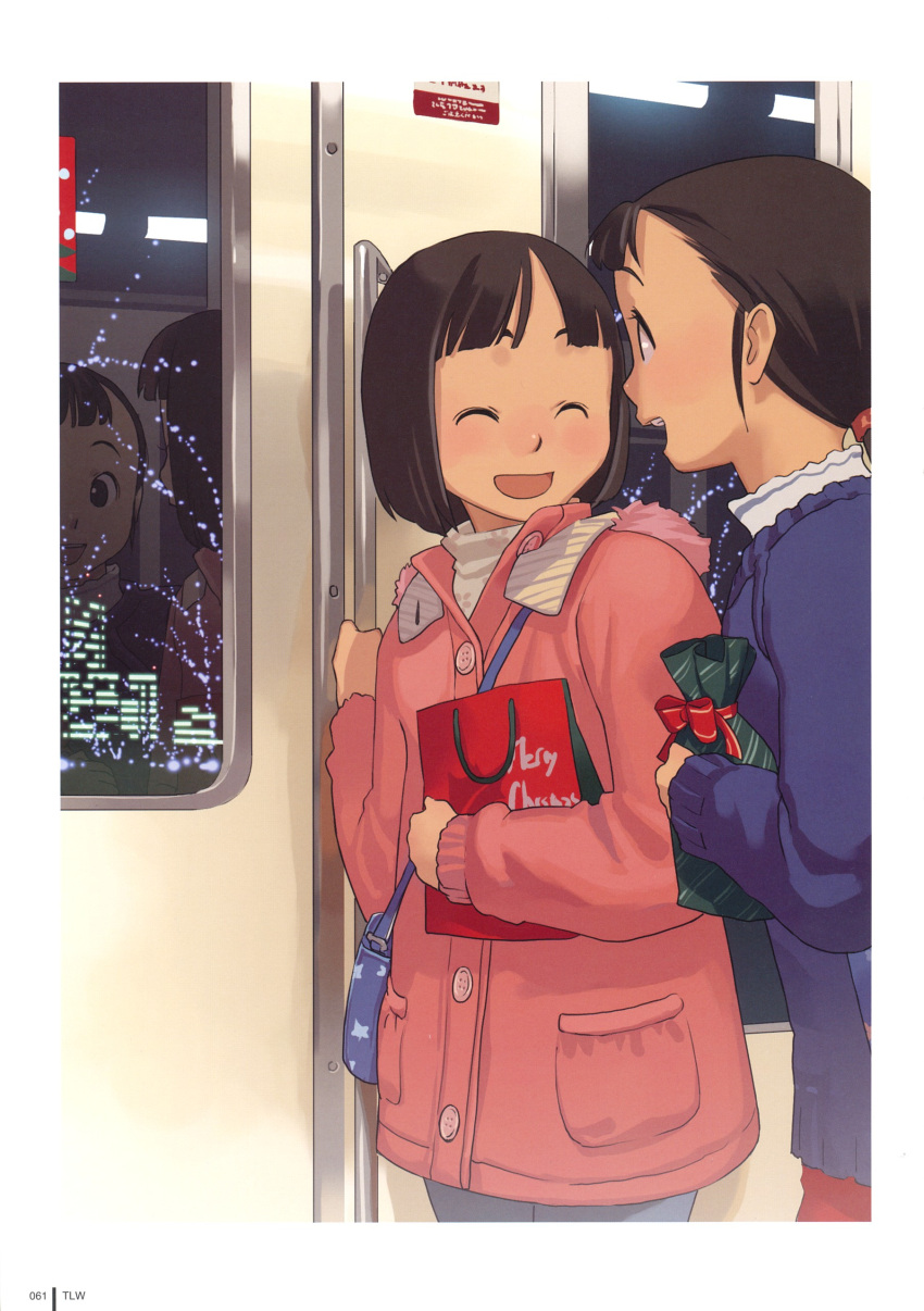 absurdres bag closed_eyes coat highres multiple_girls short_hair smile takamichi window