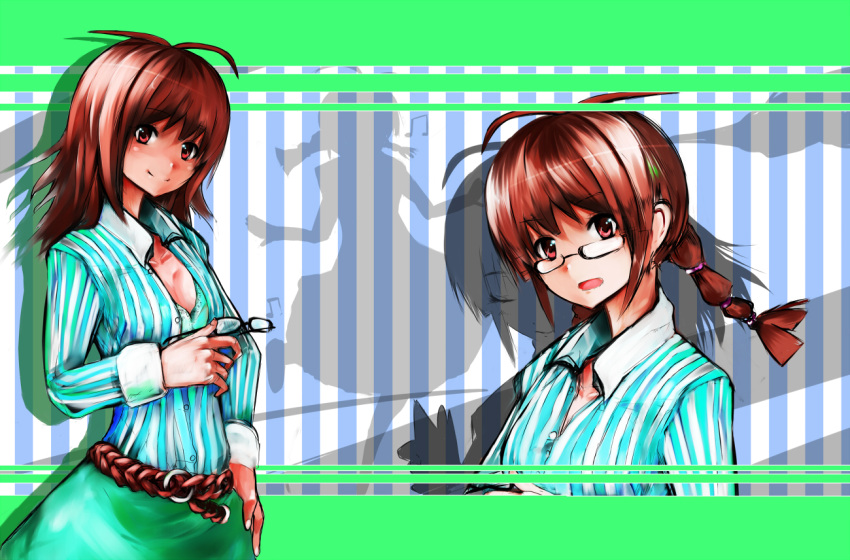 antenna_hair braid breasts brown_eyes brown_hair cleavage glasses hair_down holding holding_glasses idolmaster nerotarou@seven smile twin_braids