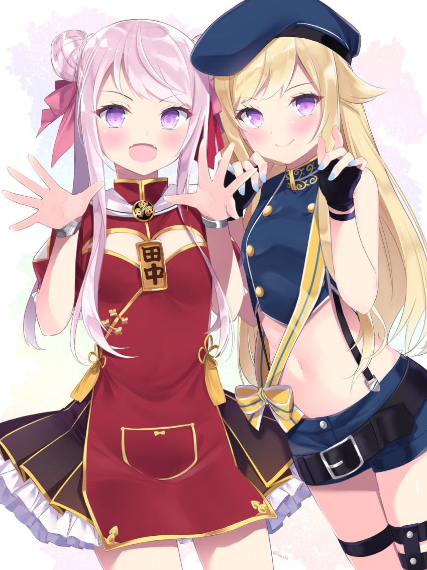 2girls :d bare_arms bare_shoulders belt beret black_gloves blonde_hair blue_headwear blue_nails blue_shirt blue_shorts bracelet breasts buttons closed_mouth cowboy_shot crop_top double-breasted double_bun dress fangs fingerless_gloves gloves gold_trim hair_flaps hair_ribbon hands_up hat highres himehina_channel jewelry lolita_fashion long_hair looking_at_viewer midriff multiple_girls nail_polish navel open_mouth pink_hair pleated_dress qi_lolita red_dress ribbon sasahara_wakaba shirt short_shorts short_sleeves shorts simple_background sleeveless sleeveless_shirt small_breasts smile standing stomach suspenders suzuki_hina tanaka_hime thigh_strap thighs violet_eyes virtual_youtuber white_background wristband yellow_ribbon