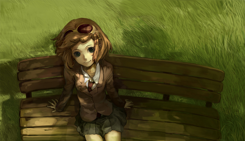 bad_id bench brown_hair face from_above goggles grass green_eyes looking_up miniskirt necktie original school_uniform shirabi_(life-is-free) short_hair skirt smile solo