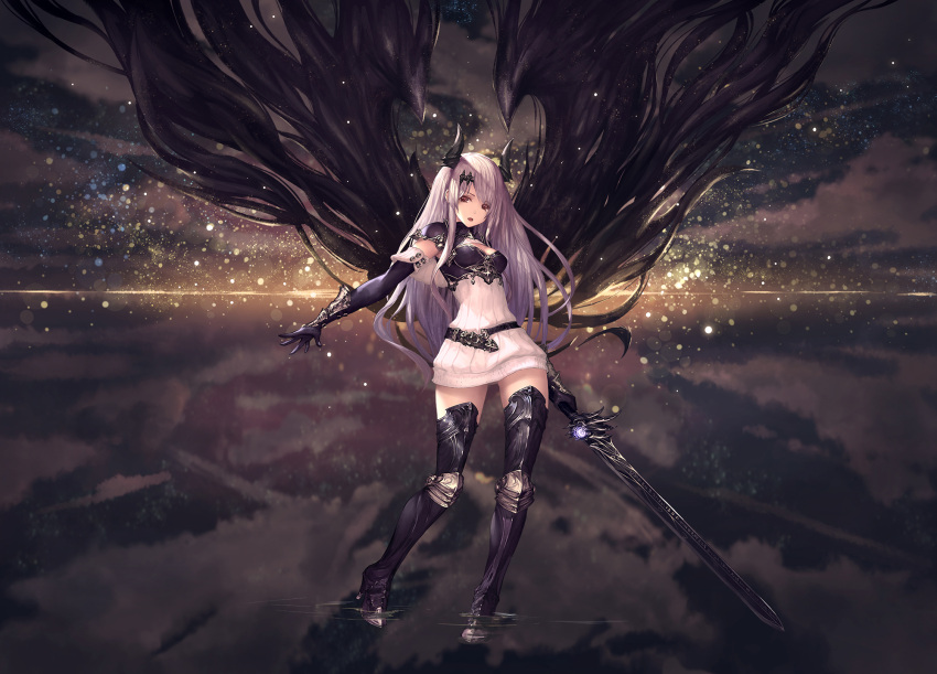 1girl arm_at_side armor armored_boots backlighting bangs belt black_gloves black_legwear black_wings boots breastplate breasts cleavage clouds cloudy_sky dark_angel_olivia dress elbow_gloves fantasy gloves glowing granblue_fantasy hair_ornament high_heel_boots high_heels highres holding holding_sword holding_weapon horizon horns legs_apart lens_flare light_particles long_hair looking_at_viewer medium_breasts outdoors pauldrons red_eyes reflection ribbed_sweater ripples shingeki_no_bahamut short_dress silver_hair sky solo spread_fingers standing sweater sweater_dress sword tachikawa_mushimaro thigh-highs thigh_boots vambraces very_long_hair wading water weapon white_dress white_sweater wings zettai_ryouiki