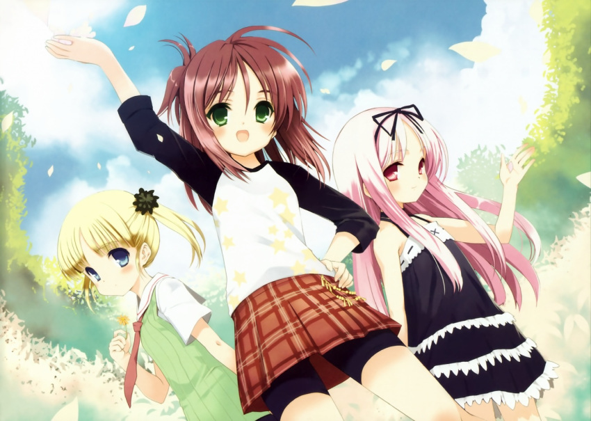 bike_shorts blonde_hair blue_eyes blush brown_hair cloud clouds dress flat_chest flower garden_(game) green_eyes himemiya_ruri hoshino_erika koin koin_(foxmark) leaf long_hair multiple_girls nature necktie open_mouth petals pink_eyes pink_hair plaid plaid_skirt raglan_sleeves red_eyes school_uniform short_twintails skirt sky smile star sundress suzumura_azami twintails