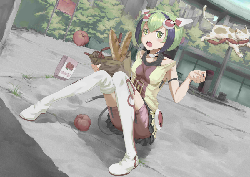 1girl :o absurdres android animal apple armband bag bare_shoulders bike_shorts blush boots box bread breasts cat dimension_w dress food fruit green_eyes green_hair headgear highres holding_bag knees_together_feet_apart mouth_hold multicolored_hair open_mouth outdoors paper_bag purple_hair round_teeth sausage short_hair shorts_under_skirt sign sitting skirt sleeveless sleeveless_dress small_breasts solo streaked_hair tail teeth thigh-highs thigh_boots two-tone_hair white_boots yonago_miko yurizaki_mira