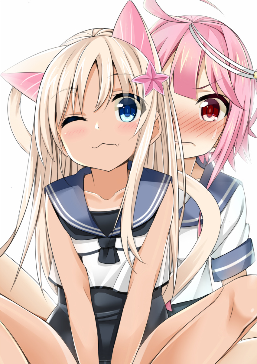 2girls animal_ears blonde_hair blue_eyes blush cacao_(cacao0809) highres i-58_(kantai_collection) kantai_collection long_hair multiple_girls one_eye_closed pink_eyes pink_hair ro-500_(kantai_collection) short_hair swimsuit