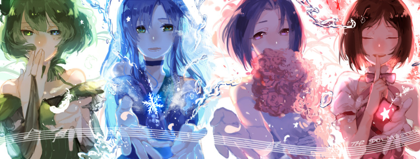 4girls :d bangs blue_eyes blush bouquet bridal_gauntlets brown_hair choker closed_eyes covered_mouth covering_mouth elbow_gloves feathers finger_to_mouth flower gloves green_eyes green_hair hand_to_own_mouth heterochromia hidaka_ai highres holding_bouquet idolmaster idolmaster_cinderella_girls idolmaster_dearly_stars kisaragi_chihaya ky_(kurokky709) miura_azusa multiple_girls musical_note off_shoulder open_mouth outstretched_arm outstretched_arms palms parted_bangs purple_hair quaver sheet_music shushing smile snowflakes star takagaki_kaede water