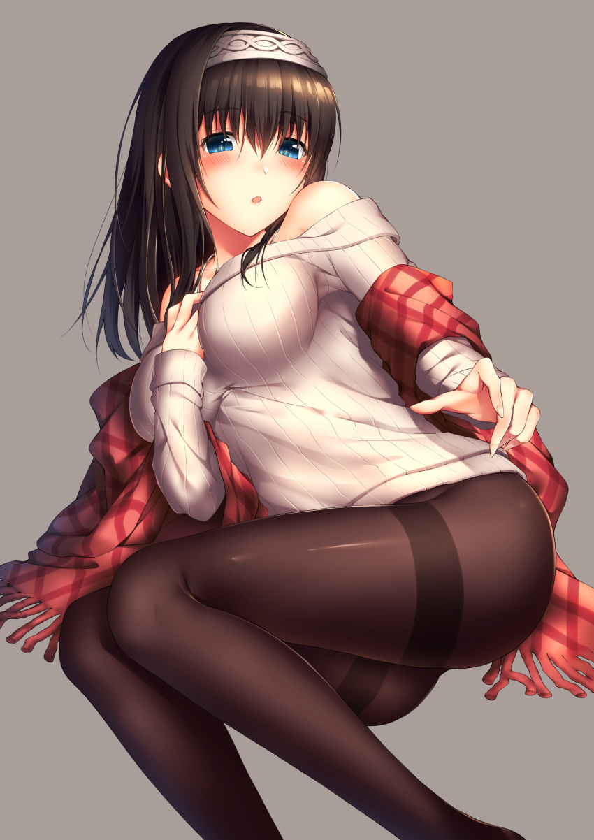 1girl absurdres artist_request black_hair blue_eyes blush breasts hairband highres idolmaster idolmaster_cinderella_girls long_hair looking_at_viewer md5_mismatch off-shoulder_sweater open_mouth pantyhose ribbed_sweater sagisawa_fumika shawl solo sweater yomono
