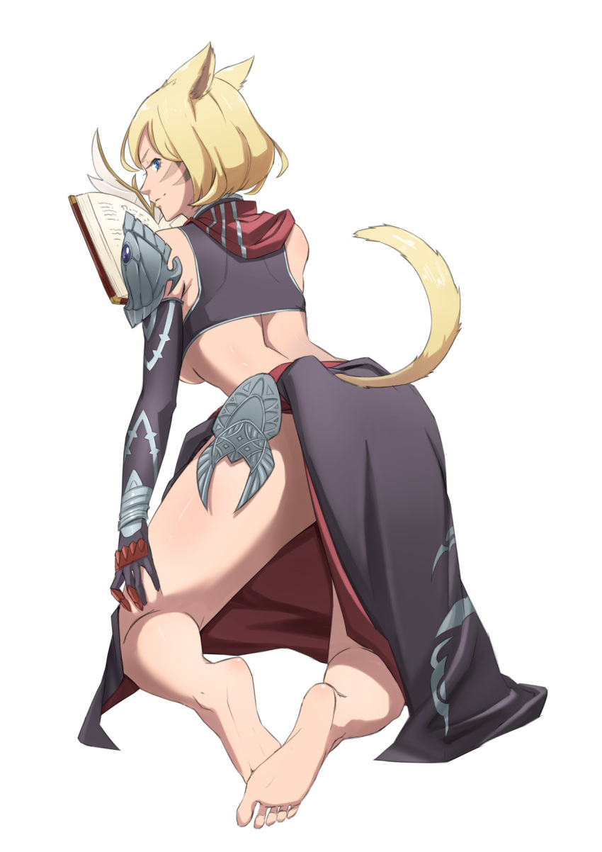 1girl animal_ears barefoot blonde_hair blue_eyes book breasts cat_ears cat_tail elbow_gloves facial_mark final_fantasy final_fantasy_xiv full_body gloves highres imdsound kneeling looking_at_viewer midriff miqo'te short_hair simple_background smile solo summoner_(final_fantasy) tail under_boob