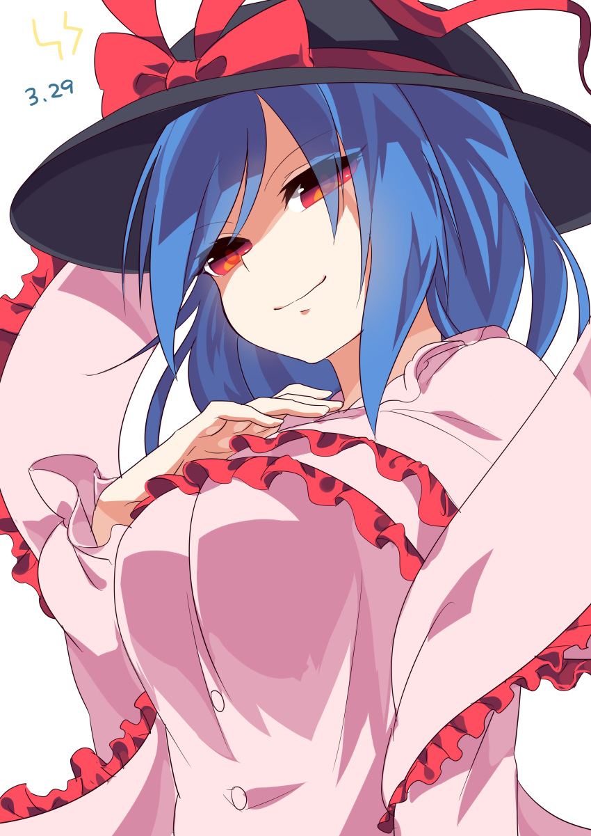 1girl absurdres blue_hair bow buttons capelet commentary_request dated dress eyes_visible_through_hair frills hat hat_bow hat_ribbon highres kozakura_(dictionary) long_sleeves looking_at_viewer nagae_iku pink_dress red_bow red_eyes red_ribbon ribbon shawl smile solo touhou upper_body white_background