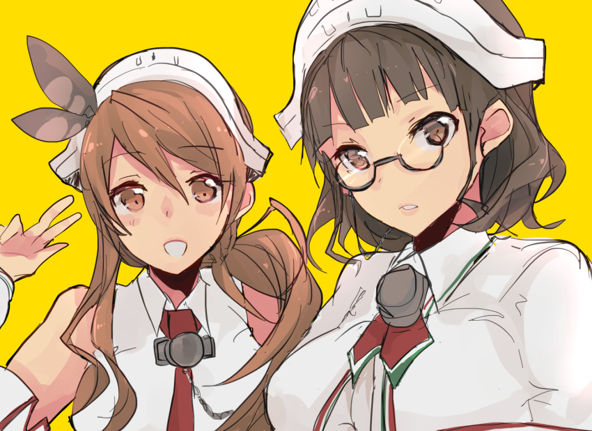 2girls bangs bare_shoulders blunt_bangs breasts brown_eyes brown_hair capelet detached_sleeves glasses headdress kantai_collection large_breasts littorio_(kantai_collection) long_hair multiple_girls necktie open_mouth pince-nez ponytail r_left roma_(kantai_collection) shirt sleeveless sleeveless_shirt smile wavy_hair