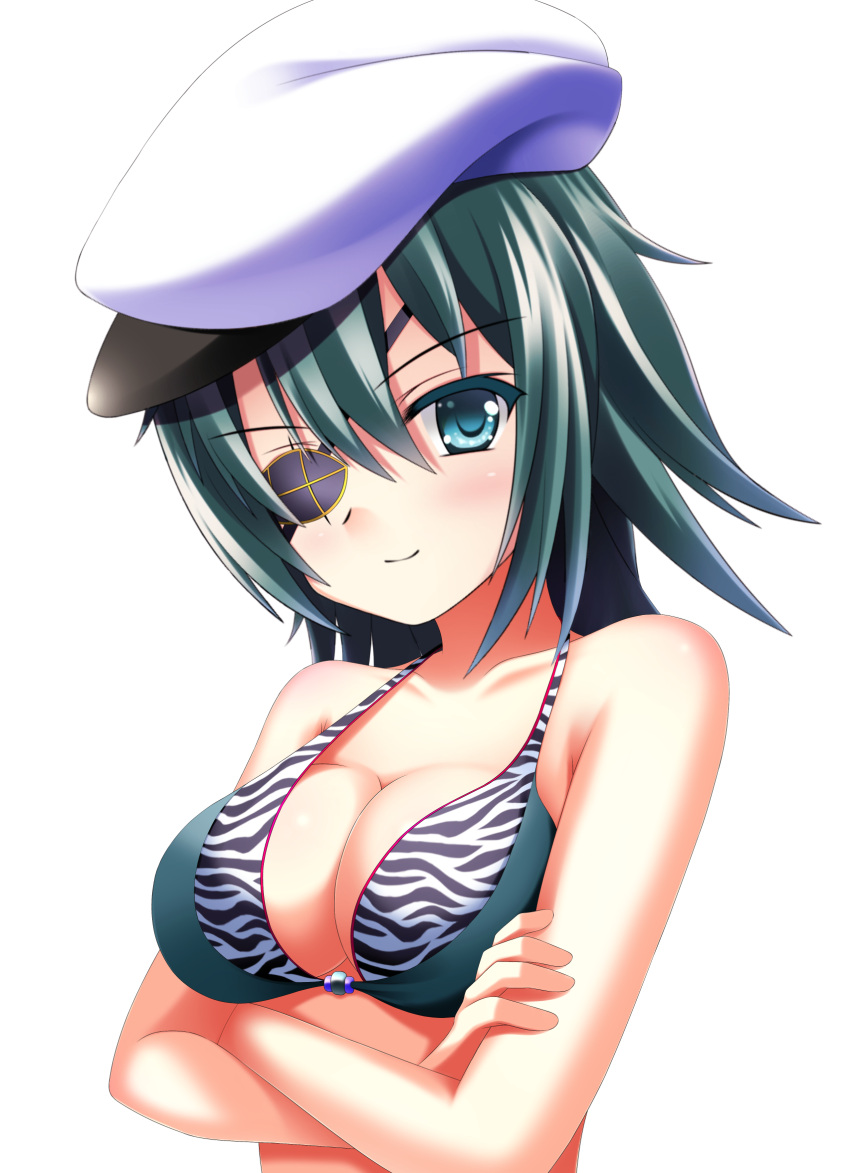 1girl alternate_costume bangs bikini_top blue_eyes blush breasts cleavage closed_mouth collarbone crossed_arms eyebrows eyebrows_visible_through_hair eyepatch green_hair hair_between_eyes hat highres kantai_collection karin_(rei862) kiso_(kantai_collection) large_breasts looking_at_viewer short_hair smile solo strap_gap upper_body white_hat zebra_print