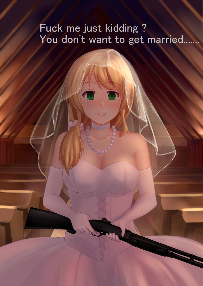 1girl absurdres artist_request bare_shoulders bench benelli_m1014 blank_eyes blonde_hair blood blush breasts bride choker church church_interior cleavage collarbone cross-laced_clothes dress elbow_gloves ellen_baker empty_eyes engrish eyebrows eyebrows_visible_through_hair finger_on_trigger gloves green_eyes gun highres holding holding_gun holding_weapon jewelry large_breasts long_hair looking_at_viewer md5_mismatch necklace new_horizon pearl_necklace profanity ranguage see-through shotgun solo strapless strapless_dress text veil weapon wedding_dress white_gloves yandere