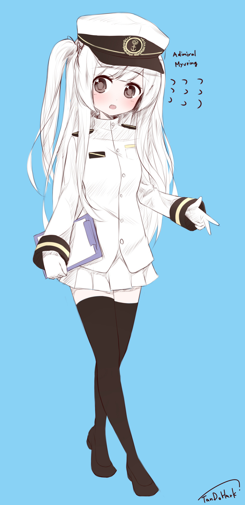 1girl :o absurdres bangs black_legwear black_ribbon black_shoes blue_background blunt_bangs blush buttons clipboard eyebrows eyebrows_visible_through_hair female_admiral_(kantai_collection) flats flying_sweatdrops full_body gloves hair_ribbon hat highres holding kantai_collection long_hair long_sleeves looking_at_viewer military military_uniform naval_uniform open_mouth peaked_cap pocket ribbon shoes shoulder_pads side_ponytail simple_background sleeve_cuffs solo standing tandozzing tareme text thigh-highs uniform very_long_hair white_gloves white_hair white_skin zettai_ryouiki