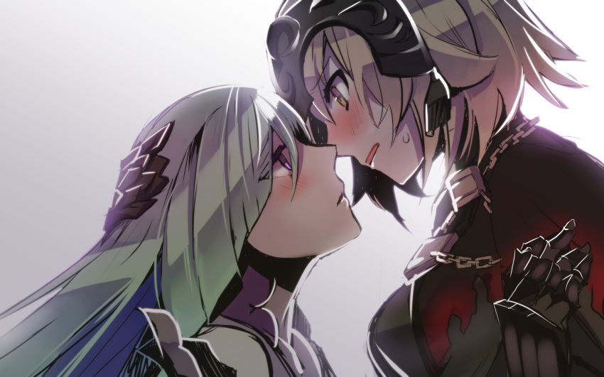 2girls alpha_(eren_mfmf) armor blonde_hair blush capelet chain face-to-face fate/grand_order fate/prototype fate/prototype:_fragments_of_blue_and_silver fate_(series) hair_ornament headpiece jeanne_alter lancer_(fate/prototype_fragments) long_hair multiple_girls open_mouth ruler_(fate/apocrypha) ruler_(fate/grand_order) short_hair silver_hair simple_background sweat very_long_hair violet_eyes yellow_eyes yuri