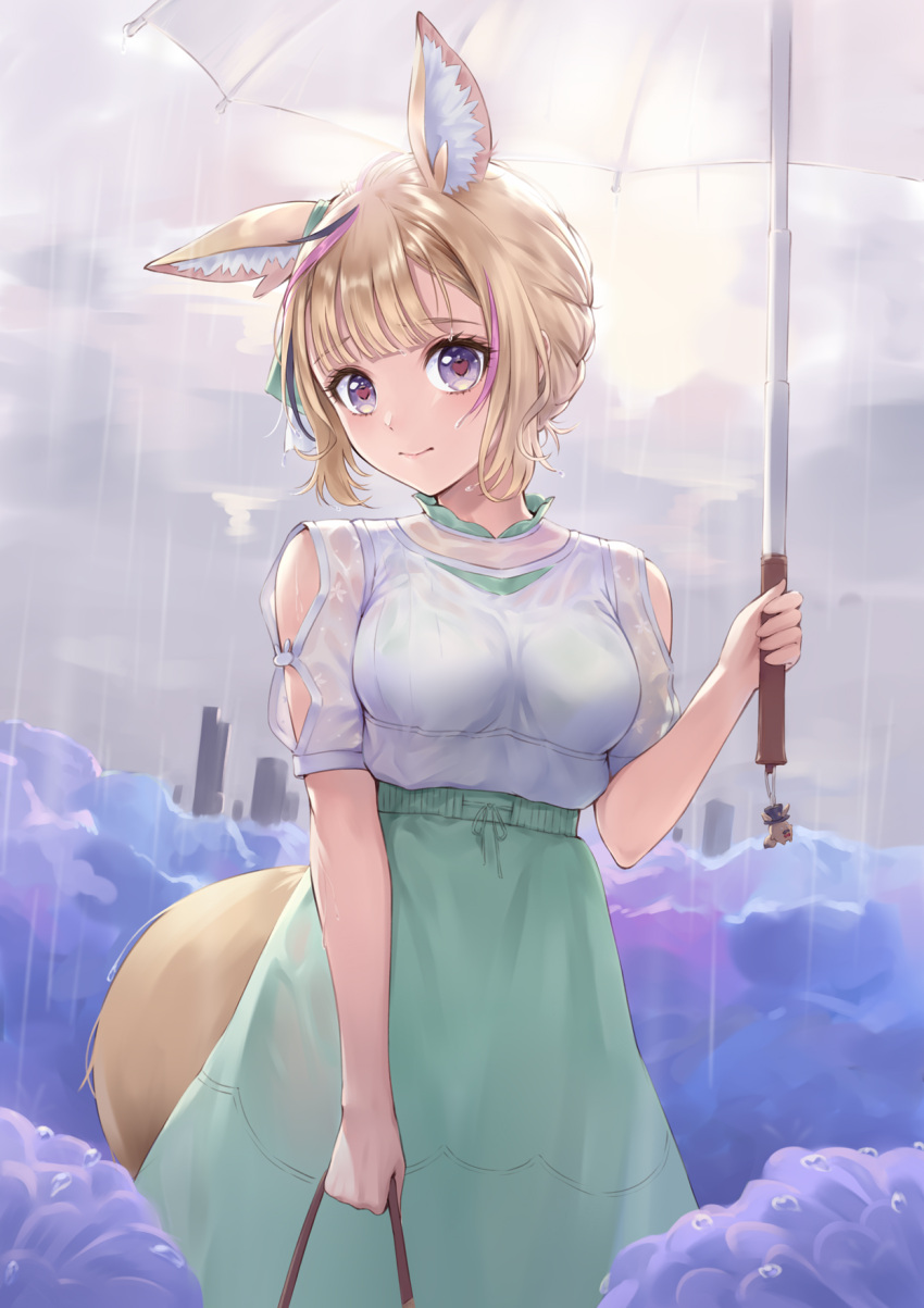 1girl animal_ears bag blonde_hair breasts closed_mouth cup dress fennec_fox fox_ears fox_girl fox_tail green_dress green_ribbon hair_ribbon heart heart-shaped_pupils highres holding holding_bag hololive looking_at_viewer minato_asuka multicolored_hair off_shoulder official_alternate_costume omaru_polka rain ribbon shirt short_hair skirt solo streaked_hair symbol-shaped_pupils tail umbrella violet_eyes virtual_youtuber white_ribbon white_shirt