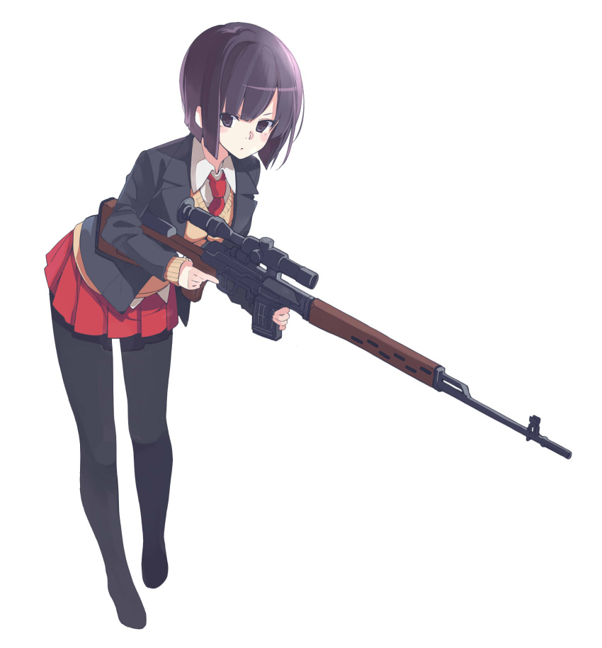 1girl akagawa007 bent_over black_legwear blazer dragunov_svd full_body gun highres jacket looking_at_viewer necktie no_shoes original pantyhose purple_hair rifle school_uniform short_hair simple_background skirt sniper_rifle solo sweater trigger_discipline violet_eyes weapon white_background