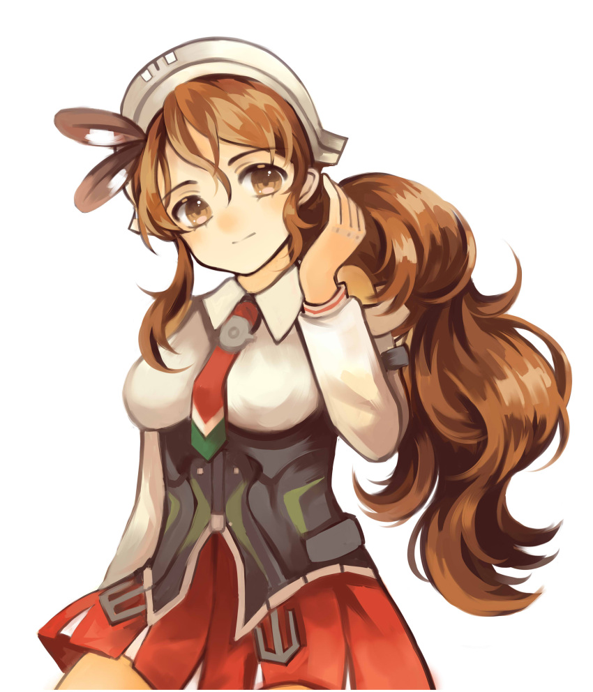 1girl absurdres armor bare_shoulders breasts brown_eyes brown_hair detached_sleeves headdress highres kantai_collection large_breasts littorio_(kantai_collection) long_hair meshi-dan miniskirt necktie pleated_skirt ponytail skirt smile solo