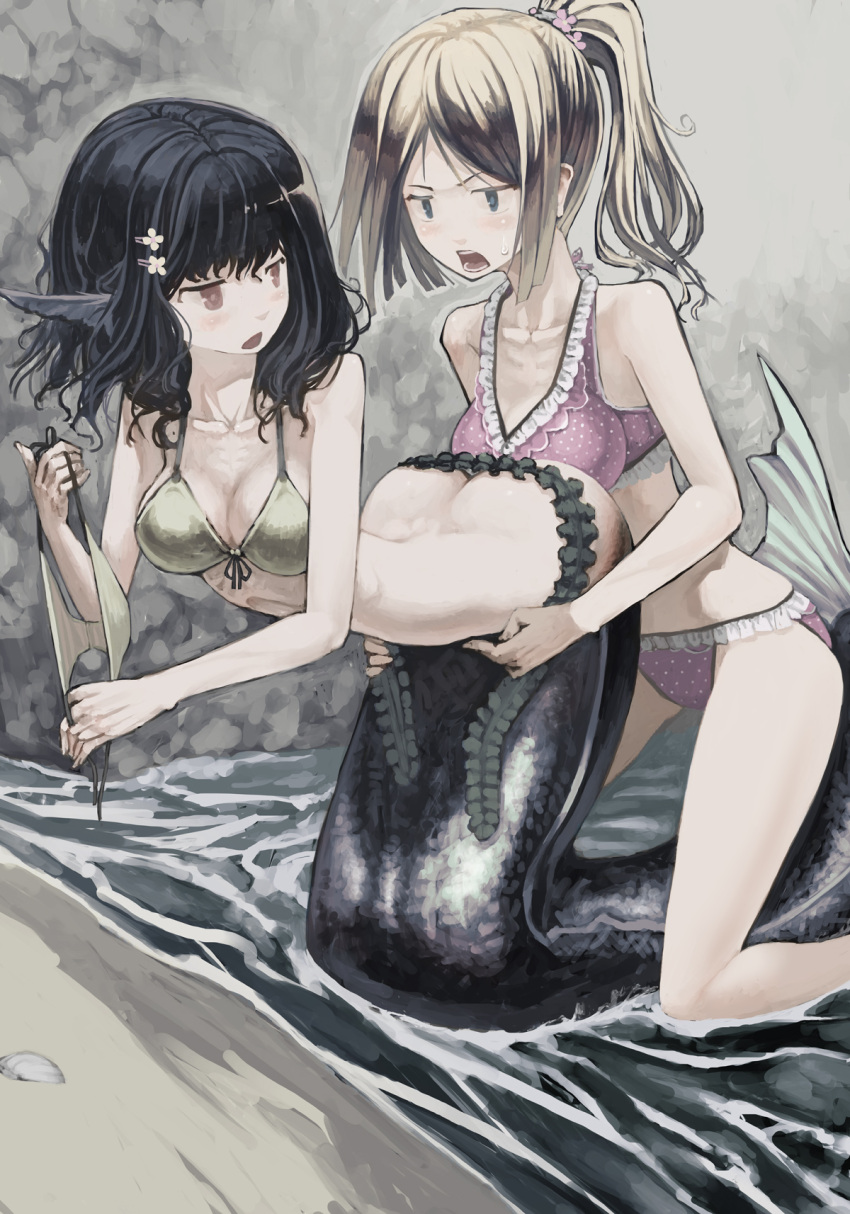 2girls ass beach bent_over bikini black_hair blue_eyes blush bottomless breasts brown_eyes brown_hair cleavage collarbone fins frills front-tie_bikini front-tie_top hair_ornament hairclip head_fins highres kneeling looking_at_another mermaid monster_girl multiple_girls open_mouth original pink_bikini polka_dot polka_dot_bikini ponytail ribs seaweed shell side-tie_bikini sweatdrop swimsuit swimsuit_removed tefec