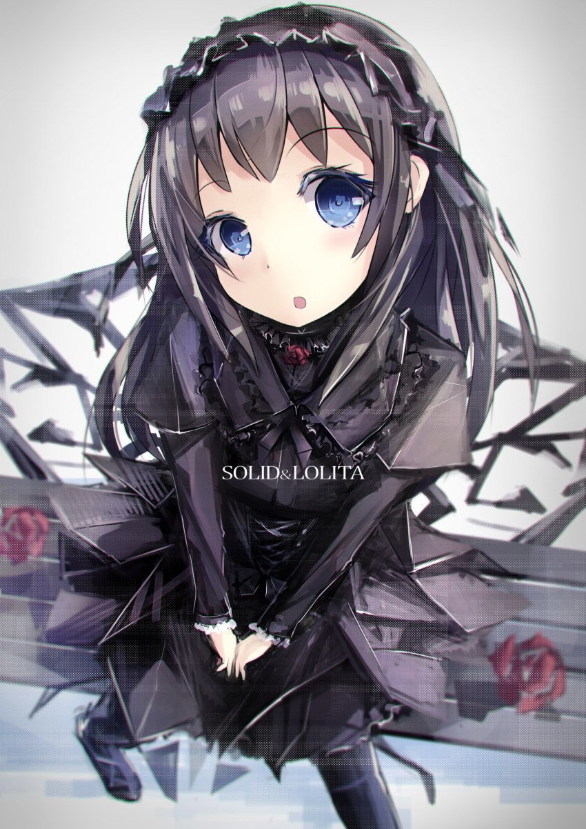 1girl black_dress black_hair black_legwear blue_eyes blush boots collared_dress colored_eyelashes corset cross-laced_clothes dress floral_print flower foreshortening frilled_sleeves frills from_above gothic_lolita hairband highres knee_boots lolita_fashion lolita_hairband long_hair long_sleeves machinery missile228 original own_hands_together pantyhose purple_boots red_rose rose rose_print solo standing tareme text v_arms very_long_hair