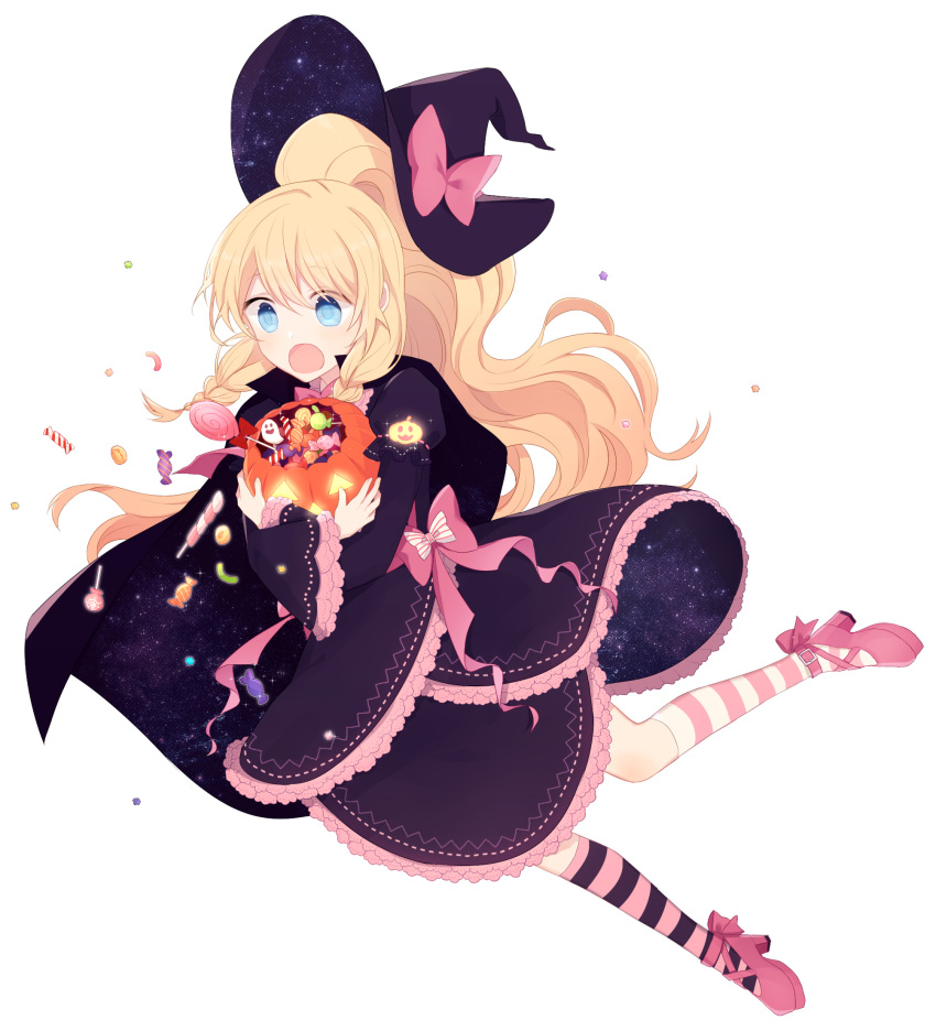 1girl blonde_hair blue_eyes braid candy cape cotton_(congcotton) dress full_body hat high_heels highres jack-o'-lantern kneehighs lollipop long_hair long_sleeves mismatched_legwear open_mouth original pink_shoes puffy_sleeves ribbon-trimmed_sleeves ribbon_trim shoes simple_background solo sparkle striped striped_legwear swirl_lollipop transparent_background twin_braids very_long_hair witch_hat wrapped_candy