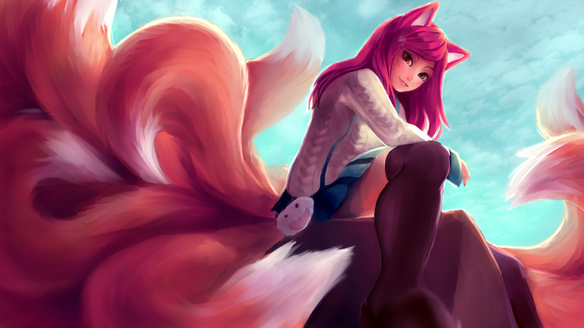 1girl absurdres academy_ahri ahri akuma_akatsukii animal_ears black_legwear blue_sky breasts clouds facial_mark foreshortening fox_ears fox_tail from_side full_body hair_ornament hairclip heart_hair_ornament highres huge_filesize league_of_legends long_hair long_sleeves looking_at_viewer looking_to_the_side miniskirt multiple_tails outdoors pleated_skirt redhead school_uniform sitting skirt sky slit_pupils solo tail thigh-highs whisker_markings yellow_eyes