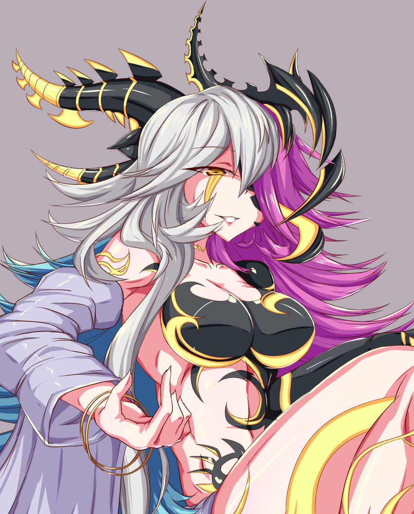 1girl absurdres bracelet breasts cleavage detached_sleeve facial_mark garukichi hair_over_one_eye hel_(p&amp;d) highres horns jewelry long_hair multicolored_hair navel parted_lips purple_hair puzzle_&amp;_dragons silver_hair sitting smile solo tattoo very_long_hair wavy_hair wide_sleeves yellow_eyes