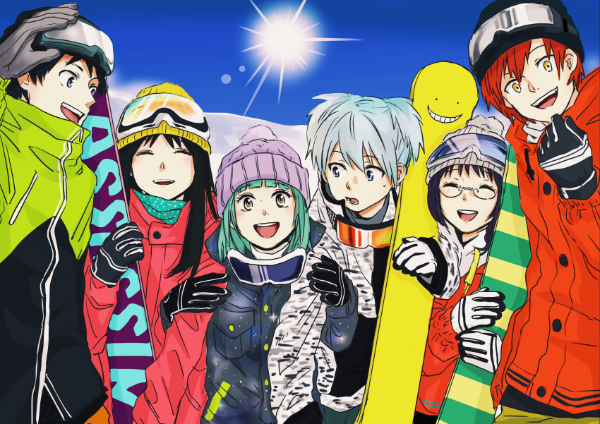 3boys 3girls :d ^_^ absurdres akabane_karma alternate_costume ansatsu_kyoushitsu aqua_hair arm_holding bangs beanie black_gloves black_hair blue_eyes blue_hair blue_sky blunt_bangs camouflage character_print closed_eyes coat eyebrows eyebrows_visible_through_hair glasses gloves goggles goggles_around_neck goggles_on_head hand_on_another's_arm happy hat highres kanzaki_yukiko kayano_kaede koro-sensei laughing lens_flare long_hair looking_at_another looking_at_viewer multiple_boys multiple_girls okuda_manami open_mouth outdoors redhead scarf shiota_nagisa shishamo_(abc_shishamo) side-by-side sky smile snow snowboard sugino_tomohito sun swept_bangs two_side_up upper_body winter_clothes winter_coat yellow_eyes zipper