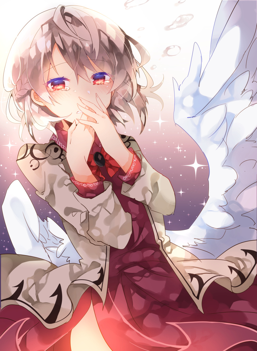 1girl absurdres bangs blush bow bowtie braid colored_eyelashes covering_mouth crying crying_with_eyes_open dress eyebrows eyebrows_visible_through_hair fingernails flying_teardrops gradient gradient_background gradient_eyes hair_between_eyes hand_to_own_mouth highres jacket kishin_sagume long_fingernails long_sleeves looking_at_viewer multicolored_eyes open_clothes open_jacket purple_dress red_eyes short_hair silver_hair single_wing solo sparkle sweetroad tears touhou upper_body white_wings wings