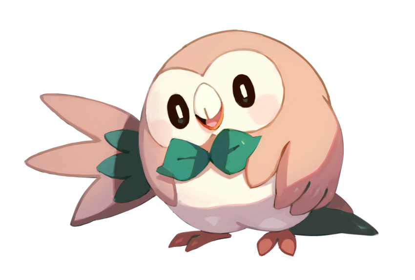 :d beak bird black_eyes bluekomadori blush full_body gen_7_pokemon highres leaf looking_at_viewer no_humans open_mouth outstretched_wings owl pokemon pokemon_(creature) pokemon_(game) pokemon_sm rowlet simple_background smile standing talons white_background