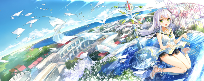 1girl bangs bare_legs blush clouds commentary_request dress fuumi_(radial_engine) green_eyes highres long_hair looking_at_viewer ocean open_mouth original sailor_dress scenery shoes silver_hair sitting sky smile solo thighs very_long_hair wariza water white_dress