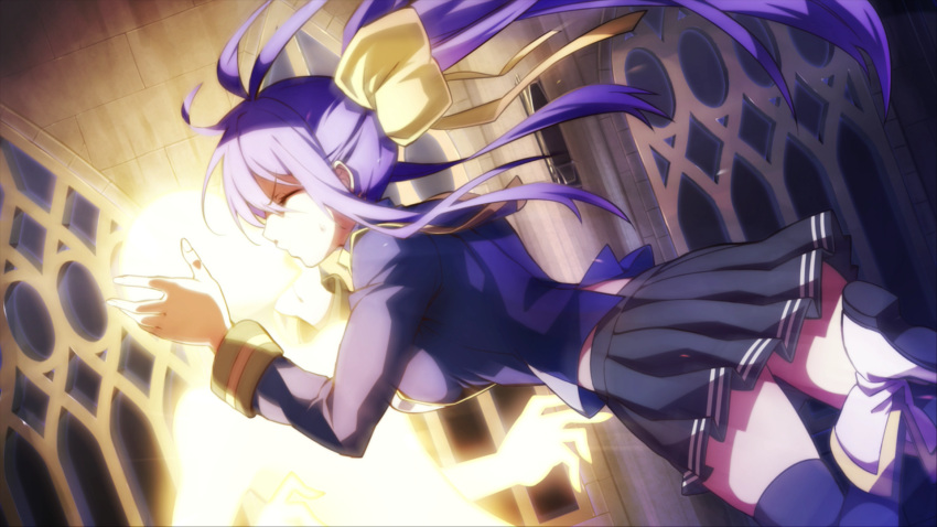 1girl antenna_hair blazblue blazblue:_chronophantasma blazblue_remix_heart blue_hair bow breasts closed_eyes dutch_angle from_side game_cg genderswap genderswap_(mtf) glowing hair_bow hallway hands_on_another's_face highres indoors kiss large_breasts long_hair looking_at_another mai_natsume ponytail profile ribbon school_uniform solo sumeshi_(ambivalince) surprised sweat thigh-highs very_long_hair window