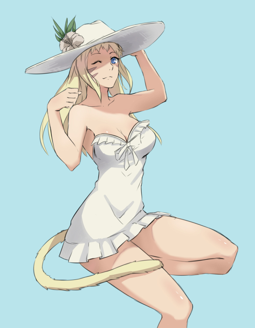1girl animal_ears bare_shoulders blonde_hair blue_eyes cat_ears cat_tail dress facial_mark final_fantasy final_fantasy_xiv hat highres imdsound long_hair miqo'te one_eye_closed solo strapless strapless_dress tail