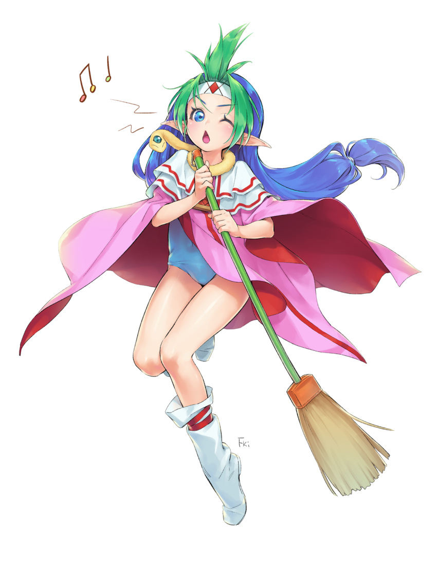 1girl ;o ahoge animal animal_around_neck artist_name beamed_quavers blue_eyes blue_hair boots broom capelet chestnut_mouth diamond_(shape) elma_hoyly fishkitty full_body gem green_hair headband highres holding_broom leotard long_hair looking_at_viewer low-tied_long_hair macross macross_7 multicolored_hair musical_note one_eye_closed pointy_ears quaver simple_background singing solo standing_on_one_leg tiptoes two-tone_hair white_background white_boots