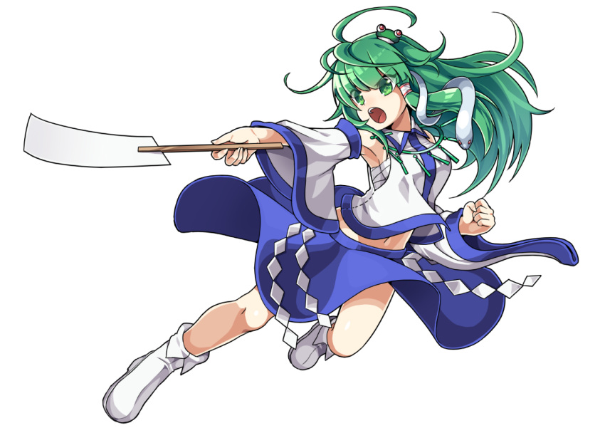 1girl boots commentary_request detached_sleeves frog_hair_ornament full_body green_eyes green_hair hair_ornament hair_tubes japanese_clothes kochiya_sanae kozakura_(dictionary) long_hair long_sleeves looking_away midriff miko navel oonusa open_mouth outstretched_arm sarashi shirt skirt snake_hair_ornament solo star touhou white_background wide_sleeves