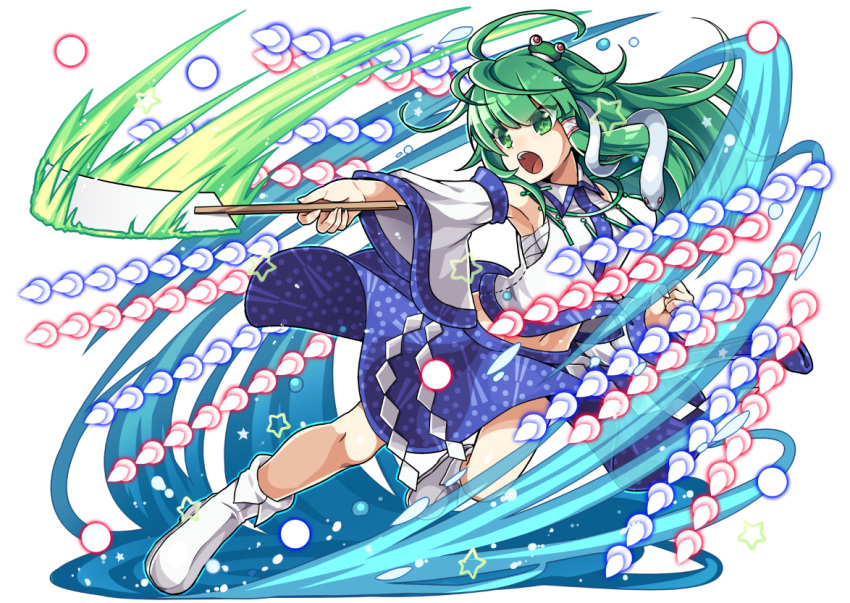 1girl boots commentary_request danmaku detached_sleeves frog_hair_ornament full_body green_eyes green_hair hair_ornament hair_tubes japanese_clothes kochiya_sanae kozakura_(dictionary) long_hair long_sleeves looking_away midriff miko navel oonusa open_mouth outstretched_arm sarashi shirt skirt snake_hair_ornament solo star touhou white_background wide_sleeves