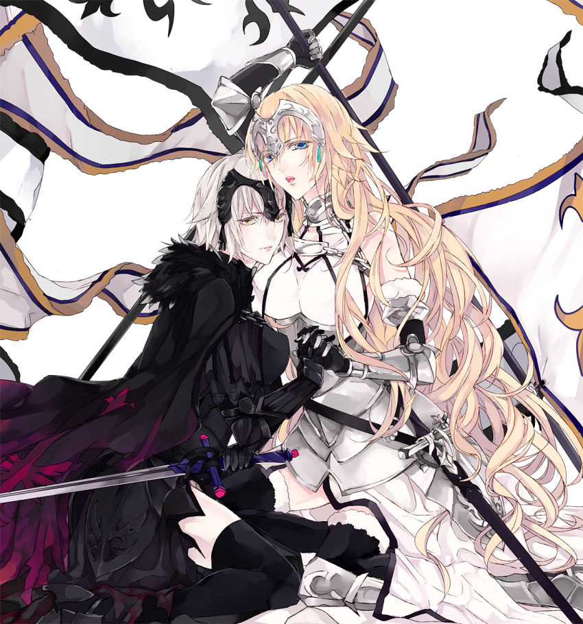 2girls 9tsumura :o armor armored_boots armored_dress bangs black_cape black_dress black_gloves black_legwear blonde_hair blue_eyes boots breasts cape chain closed_mouth dress eyebrows eyebrows_visible_through_hair fate/apocrypha fate/grand_order fate/stay_night fate_(series) flag fur_trim garter_straps gloves hair_down head_to_head headpiece highres holding holding_sword holding_weapon interlocked_fingers jeanne_alter kneeling long_hair looking_at_viewer multiple_girls pauldrons ruler_(fate/apocrypha) ruler_(fate/grand_order) silver_hair sword thigh-highs unsheathed wavy_hair weapon white_background white_dress white_hair