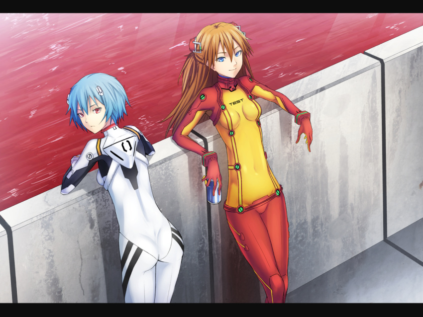 2girls against_wall armpits ass ayanami_rei bangs blue_eyes blue_hair bodysuit bracer bridge can closed_mouth clothes_writing covered_navel cowboy_shot drink dutch_angle english evangelion:_2.0_you_can_(not)_advance expressionless from_behind gloves hair_between_eyes hairpods headgear holding holding_can lcl leaning_forward legs_together letterboxed light_rays light_smile long_hair looking_at_viewer looking_back multiple_girls neon_genesis_evangelion number orange_hair outdoors pilot_suit plugsuit railing rebuild_of_evangelion red_eyes see-through shikinami_asuka_langley short_hair skin_tight skinny small_breasts smile soda_can souryuu_asuka_langley standing sugi_214 sunlight test_plugsuit turtleneck