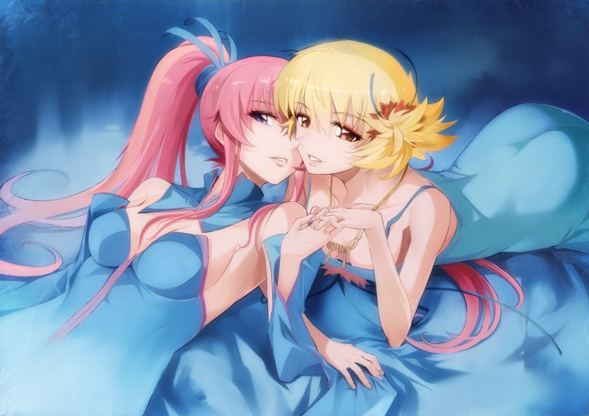 2girls ass bare_shoulders blonde_hair blue_dress breasts brown_eyes cagalli_yula_athha cleavage collarbone detached_collar detached_sleeves dress grin gundam gundam_seed hair_ribbon holding_hands jewelry lacus_clyne lips long_hair lying miyo_(13th_floor) multiple_girls necklace on_back on_stomach pink_hair ribbon shiny shiny_hair short_hair sidelocks smile twintails violet_eyes