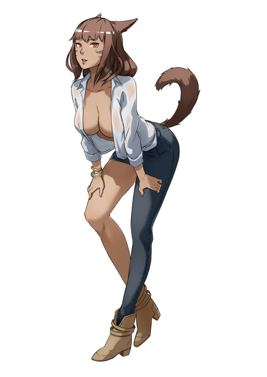 1girl animal_ears asymmetrical_clothes breasts brown_hair cat_ears cat_tail cleavage facial_mark final_fantasy final_fantasy_xiv highres imdsound looking_at_viewer miqo'te open_clothes open_shirt red_eyes shirt short_hair simple_background single_pantsleg solo tail