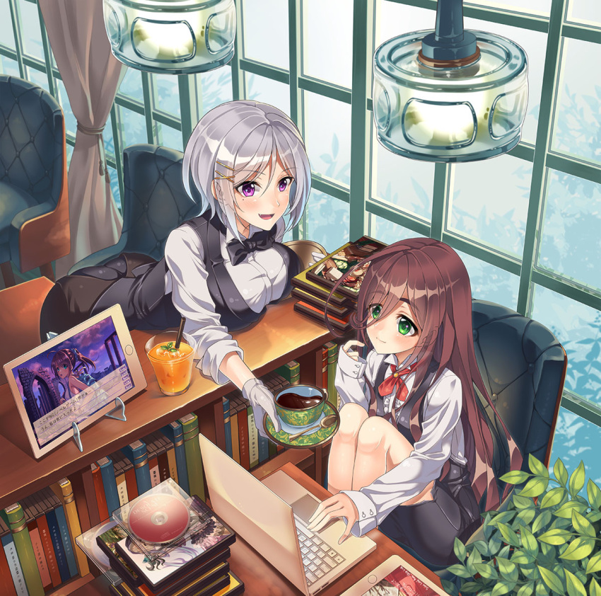 2girls :d ahoge albino armchair ass black_bow black_bowtie black_skirt black_vest blush book bookshelf bow bowtie breast_rest breasts cd cd_case ceiling_light chair coffee collared_shirt computer cup curtains dessert dress_shirt drink drinking_straw dvd_(object) eyebrows eyebrows_visible_through_hair food from_above glass green_eyes hair_between_eyes hair_ornament hairclip holding_tray ice ice_cube indoors lamp laptop large_breasts leaf leaning_forward long_hair long_sleeves matsusatoru_kouji mint mole mole_under_eye multiple_girls open_mouth original pencil_skirt plant plate restaurant saucer serving shirt short_hair silver_hair skirt sleeves_past_wrists smile spoon standing tablet_pc tray vest violet_eyes white_shirt x_hair_ornament