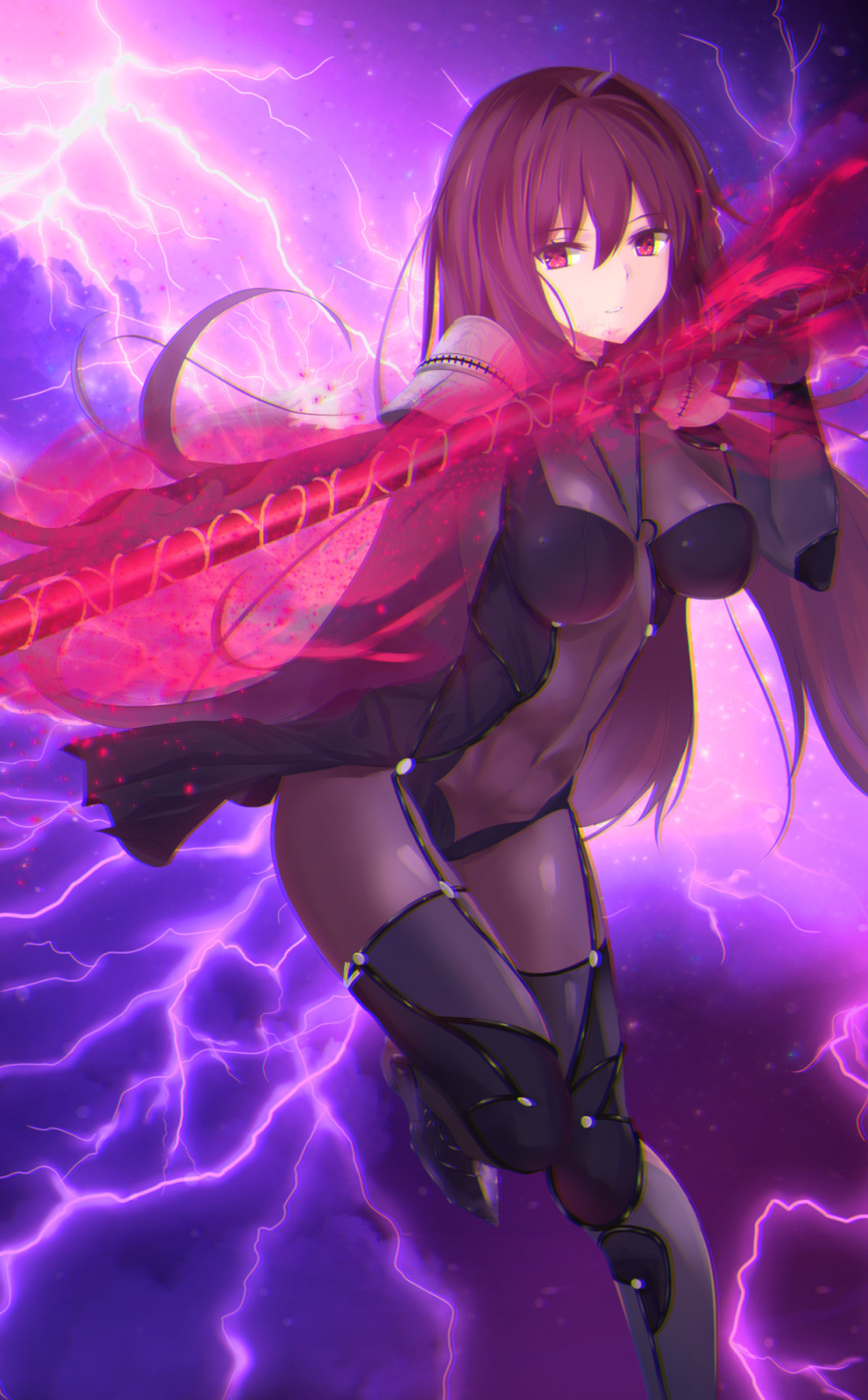 1girl bodysuit breasts covered_navel fate/grand_order fate_(series) gae_bolg highres holding holding_weapon kesoshirou long_hair looking_at_viewer pauldrons purple_hair scathach_(fate/grand_order) smile solo violet_eyes weapon