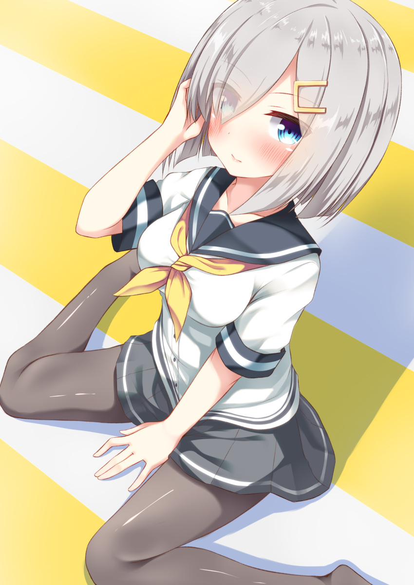 1girl absurdres between_legs black_legwear blue_eyes blush breasts buttons closed_mouth collarbone from_above go-1 grey_skirt hair_ornament hairclip hamakaze_(kantai_collection) hand_between_legs hand_in_hair hand_up highres kantai_collection looking_at_viewer looking_up neckerchief pantyhose pleated_skirt sailor_collar school_uniform serafuku short_hair short_sleeves silver_hair sitting skirt sleeve_cuffs smile solo tareme two-tone_background wariza