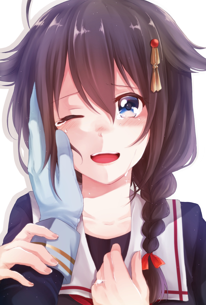 1girl blue_eyes blush crossover crying crying_with_eyes_open gloves hair_flaps hair_ornament hand_on_another's_face highres honebami_toushirou jewelry kantai_collection nogamibami one_eye_closed pov_hands remodel_(kantai_collection) ring shigure_(kantai_collection) side_ponytail solo_focus tears touken_ranbu wedding_band