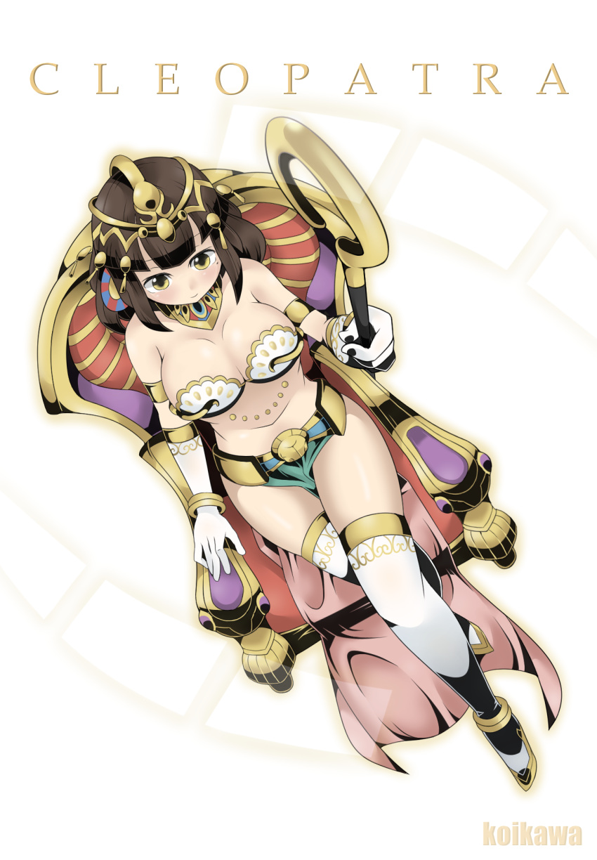1girl armband artist_name bare_shoulders boots breasts brown_hair character_name cleavage cleopatra_(monster_strike) egyptian_clothes elbow_gloves foreshortening from_above full_body gloves headdress highres koikawa_hayato large_breasts mole mole_under_eye monster_strike sitting smile solo staff thigh-highs thigh_boots throne white_boots white_gloves wrist_cuffs yellow_eyes