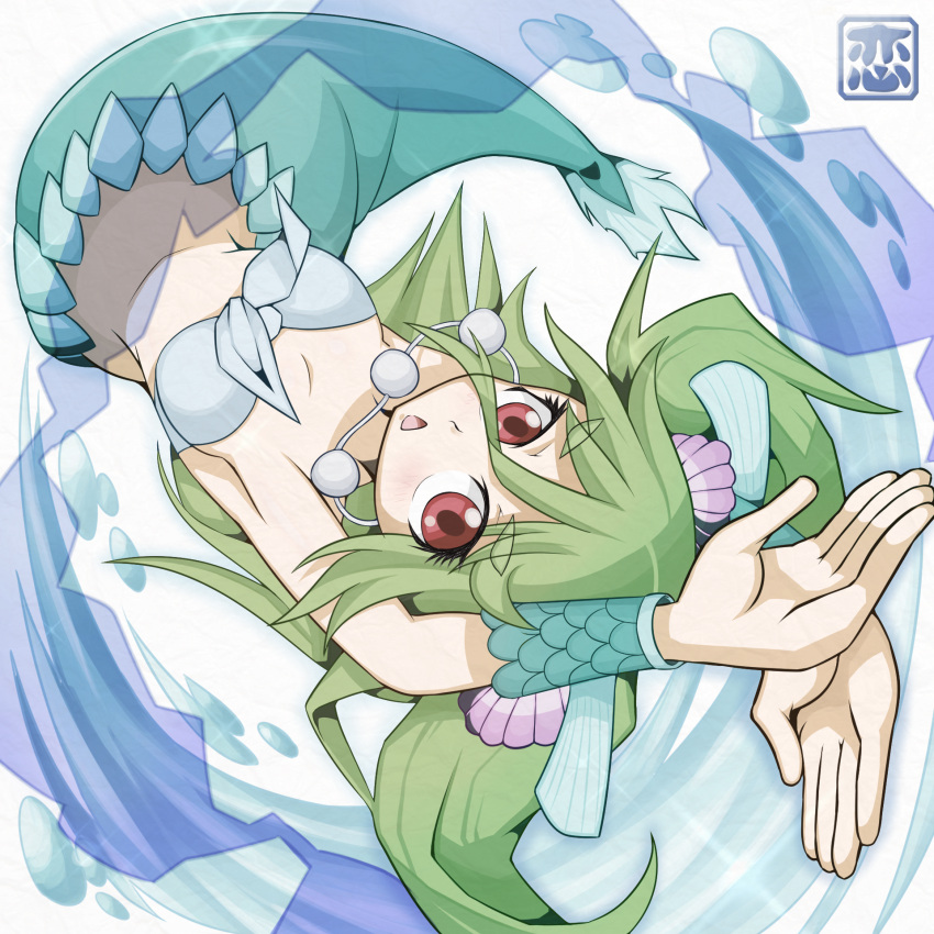 1girl foreshortening front-tie_top full_body green_hair highres jewelry koikawa_hayato mermaid monster_girl muromi-san namiuchigiwa_no_muromi-san necklace no_navel open_mouth red_eyes shell_hair_ornament solo twintails upside-down watermark wrist_cuffs