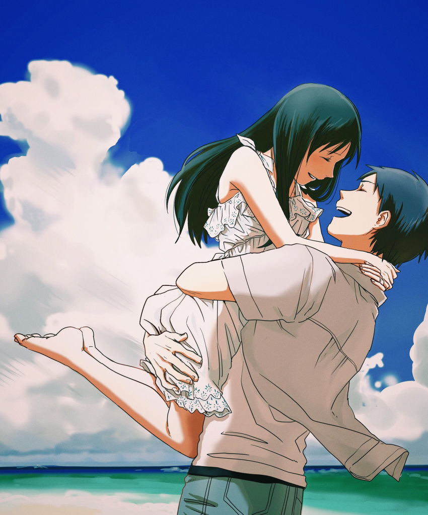 1boy 1girl ^_^ alternate_costume ansatsu_kyoushitsu back barefoot beach black_hair blue_hair carrying casual closed_eyes clouds couple dress eyelashes from_side hands_on_another's_neck happy hetero highres jacket kanzaki_yukiko laughing long_hair ocean open_mouth outdoors parted_lips shishamo_(abc_shishamo) short_sleeves sleeveless sleeveless_dress sugino_tomohito summer sundress